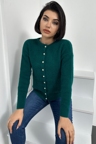 Brantu Women's Green Pearl Buttoned Soft Textured Knitwear Cardigan