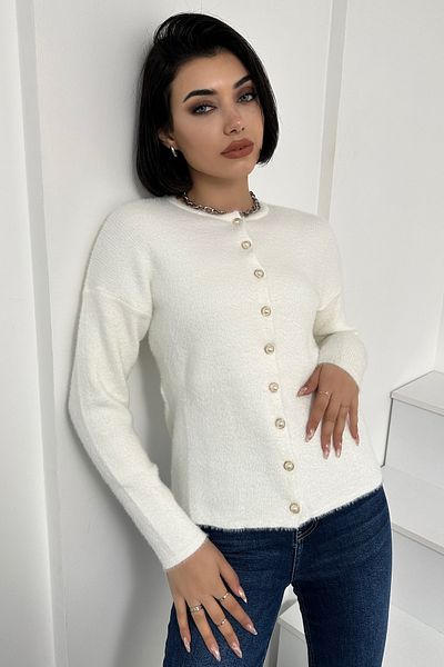 Brantu Women's White Pearl Buttoned Soft Textured Knitwear Cardigan