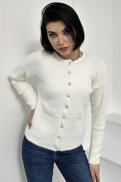 Brantu Women's White Pearl Buttoned Soft Textured Knitwear Cardigan