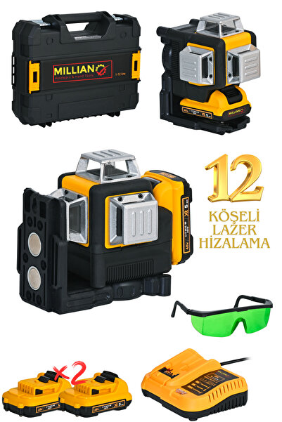 Millian İtaly 360° 12 Köşe 50 Metre Ölçüm 2 Akülü Yeşil Çizgili Hizalama Laze...