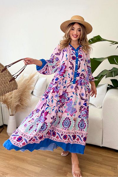 AYASOFYA OTANTIK Rochie de damă Katleya roz pudrat cu nasturi