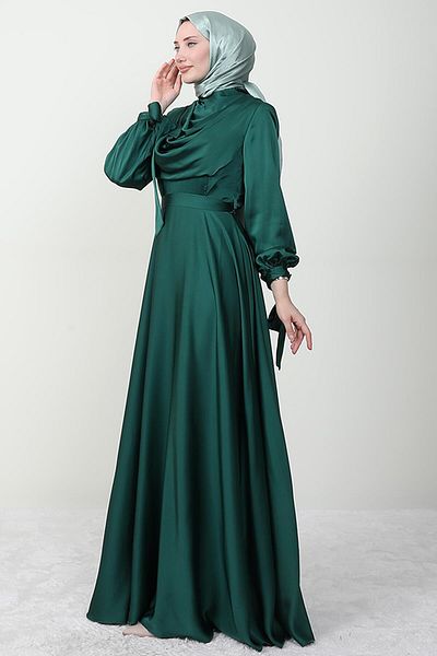 Giza Giyim Βραδινό φόρεμα Degaje με δεμένο μανίκι Emerald
