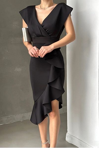 WOMAN VISION Rochie neagră cu fante din țesătură elastică pentru femei 095