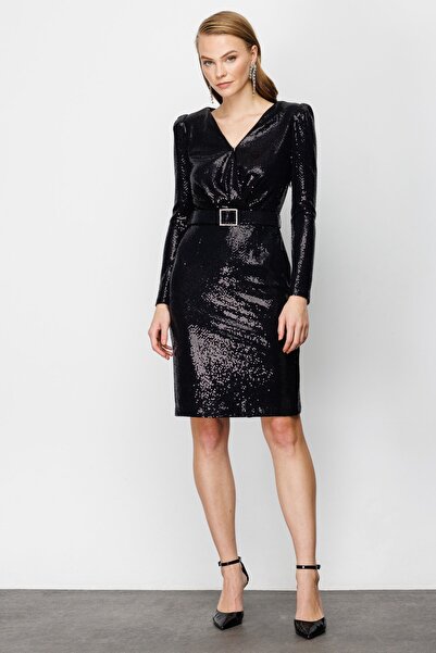 Ekol Pullu Kruvaze Abiye Elbise Siyah