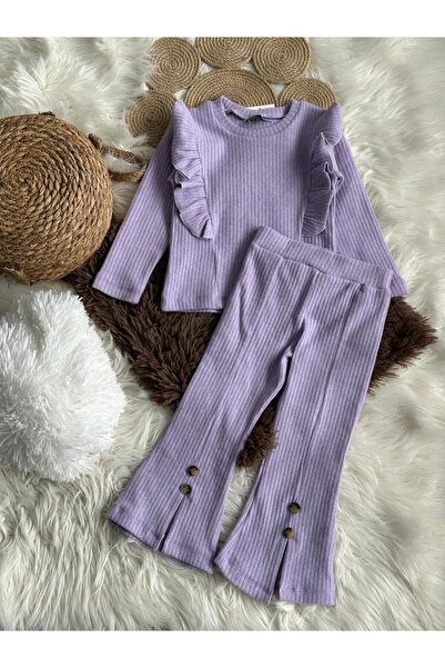 HAVİSA KİDS Girls' Ruffled Corded Fabric Ribbed Knit Long Sleeve Bottom Top Set