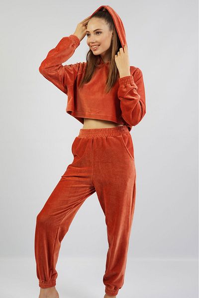 VİENETTA Women's Tile Filitti Velvet Hooded Long Sleeve Reglan Sleeve Elastic Leg Crop Pajama Set 76% Cotton