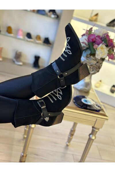 Purple Kadın Siyah Süet Çiçek Desenli Topuklu Kovboy Çizme