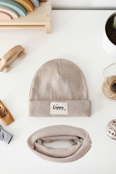 Doğan Collection Beige Rib Labeled Beanie Neck Collar Set