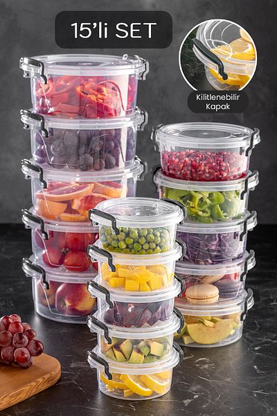 Meleni Home 15-Piece Lenora Mega Set - Transparent Storage Container with Round Lockable Lid 5x(300-600-1200 ml)