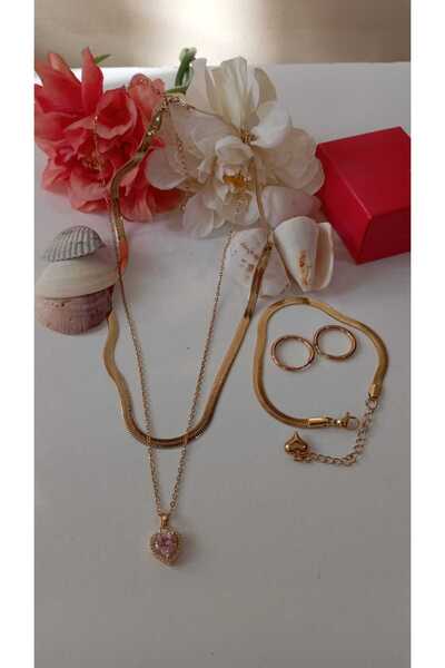 HKN AVM ACCESSORİES Kadın Altın Kaplama Renk Atmaz Kombin Bileklik Küpe Kolye Seti