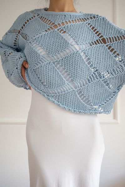 kiari Baklava Pattern Baby Blue Openwork Knitted Crop