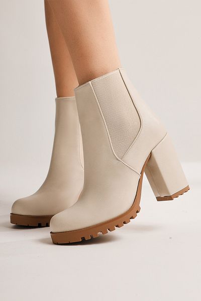 Limoya Dorsaf Beige Oval Toe Elastic Heeled Women's Boots, Women's Bootie