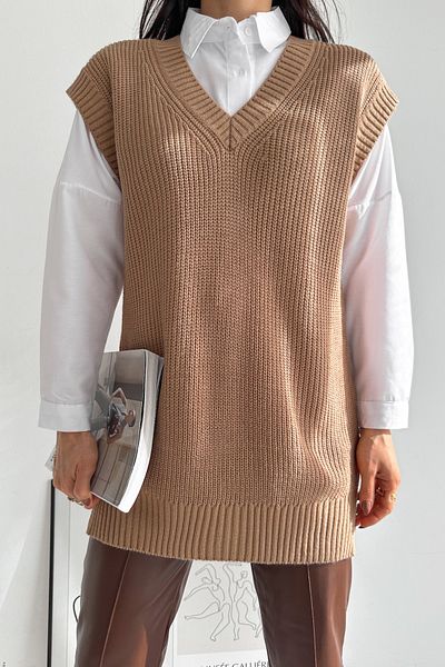 FEMELLE Women's Light Brown Standard Size V-Neck Knitwear Sweater