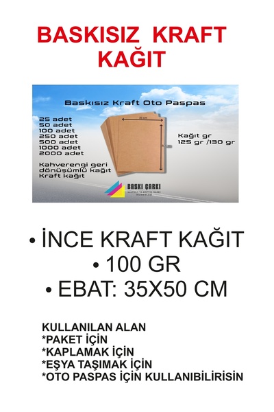 BASKI CARKI İNCE KRAFT KAĞIT BASKISIZ 100 ADET