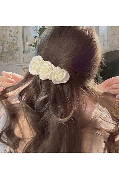 MutluBiDünya Vintage Ekru Saten Gül Otomatik Klipsli Toka