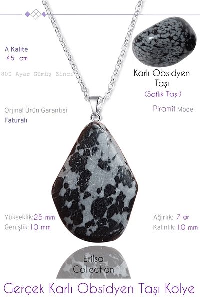 Tesbih Atölyesi Certified Pyramid Model Snowy Obsidian Stone Necklace