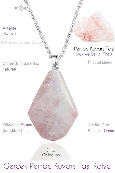 Tesbih Atölyesi Certified Pyramid Model Real Pink Quartz Stone Necklace