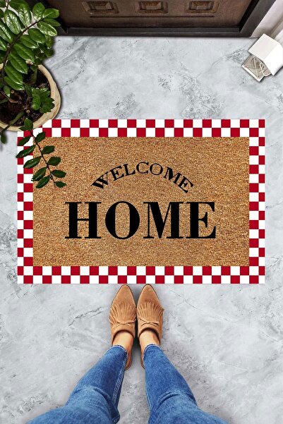 Miray Tekstil Kırmızı Beyaz Kenarlı Welcome Home Yazılı Kapı Önü Paspası