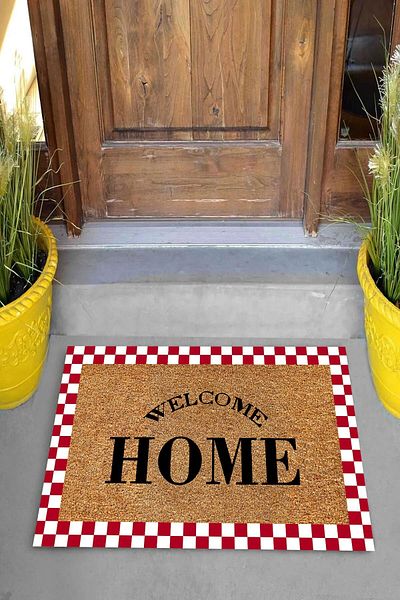 Miray Tekstil Red and White Bordered Door Mat with Welcome Home Written