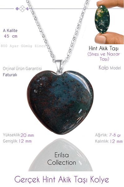 Tesbih Atölyesi Certified Real Heart Model Indian Agate Stone Necklace