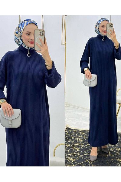 asyadabutik Turtleneck Zipper Long Ribbed Knitwear Dress