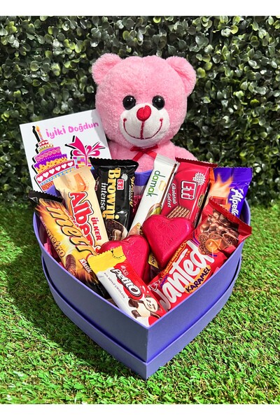 lenostra Dogum Gunu Hediyesi Kiz Arkadasa Pembe Ayıcık ve Mor Kalp Kutuda Çik...