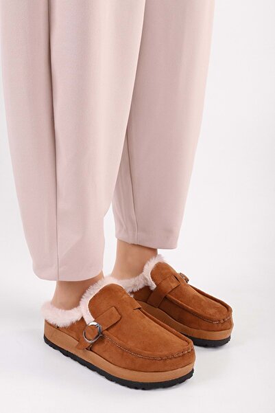 Shoeberry Dámské Softie hnědé semišové chlupaté ploché pantofle