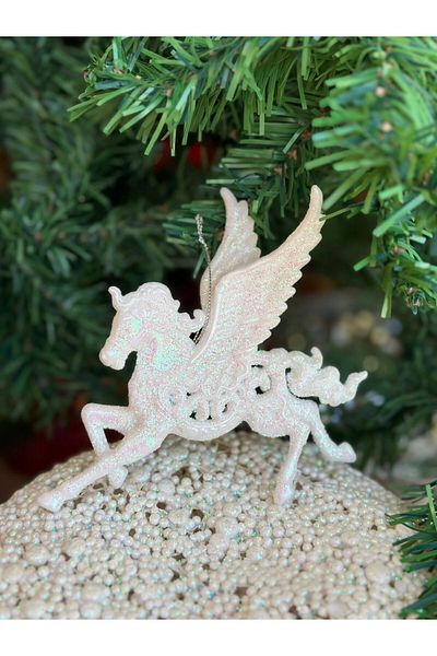 QUEEN AKSESUAR Imported Luxury Christmas Glitter Collectible Winged Horse Horned Unicorn Pine Tree Decoration Ornament White