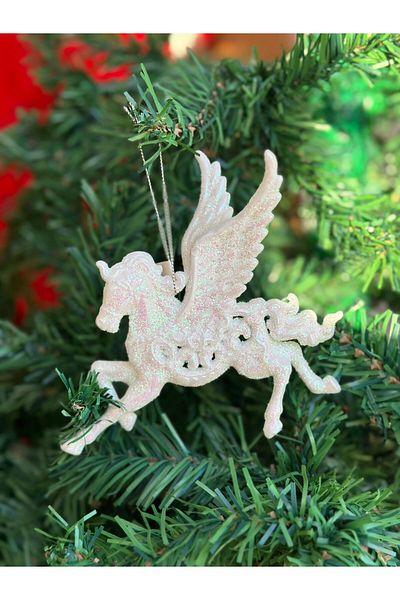 QUEEN AKSESUAR Imported Luxury Christmas Glitter Collectible Winged Horse Horned Unicorn Pine Tree Decoration Ornament White