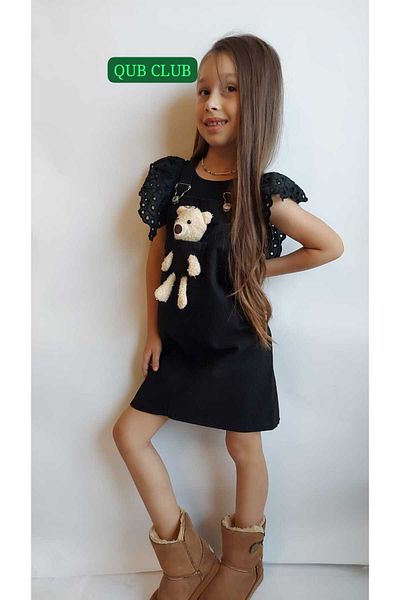 QUB ŞEKER Girl's Teddy Bear Black Gilet Denim Dress Detail in the Video
