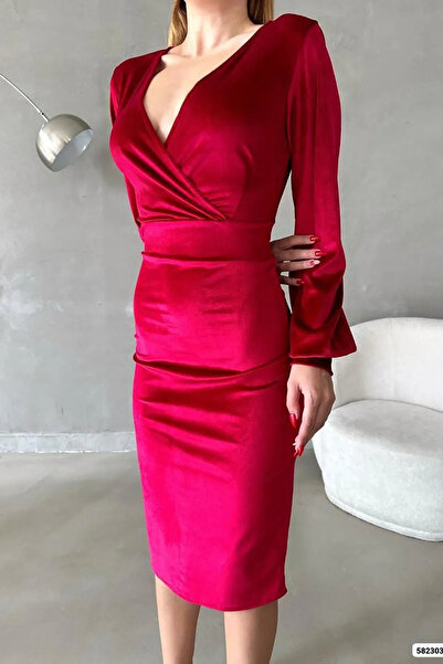 Genel Markalar Kırmızı Kadife Kumaş Uzun Kollu Kruvaze Elbise