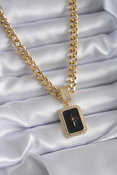 Genel Markalar Erb 316L Çelik Gold Renk Siyah Kare Mineli Kutup Yıldızı İşleme Zirkon Taş Detay Zincir Kadın Kolye