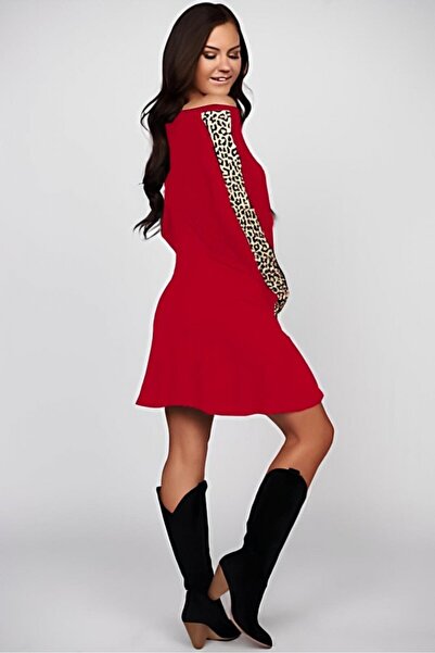 JANES Γυναικείο Μίνι Φόρεμα με μακρυμάνικο Λεοπάρ Λεπτομέρεια - Crew Neck, Two Thread