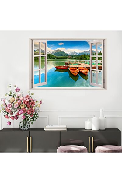HDART Soyut Dekoratif Açılır Pencere Görünümlü Göl Sal Kayık Ağaç Dağ Manzara...