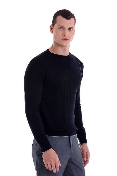 Hatemoğlu Navy Blue Regular Fit Jacquard Crew Neck Wool Knitwear Sweater