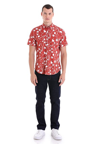 Hatemoğlu Πλακάκι Comfort Fit με εμπριμέ γιακά με κουμπιά 100% βαμβακερό κοντομάνικο πουκάμισο casual