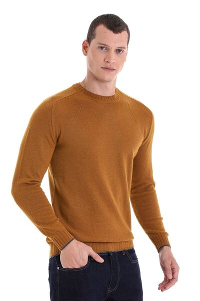 Hatemoğlu Hardal Regular Fit Düz Bisiklet Yaka Yünlü Triko Kazak