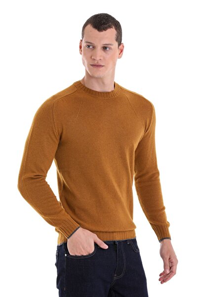 Hatemoğlu Hardal Regular Fit Düz Bisiklet Yaka Yünlü Triko Kazak