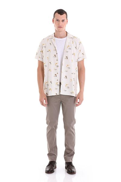 Hatemoğlu Καφέ Comfort Fit με στάμπα γιακά 100% βαμβακερό κοντομάνικο casual πουκάμισο