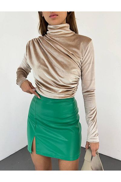Fav Style Μπεζ γυναικείο μακρυμάνικο φόρεμα με φουσκώματα ώμου και μέσης