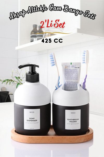 Nandy Home Πολυτελές σετ 2 τζαμιών - Ξύλινη βάση, δροσερό σαπούνι και θήκη οδοντόβουρτσας, ΛΕΥΚΟ μπάνιου