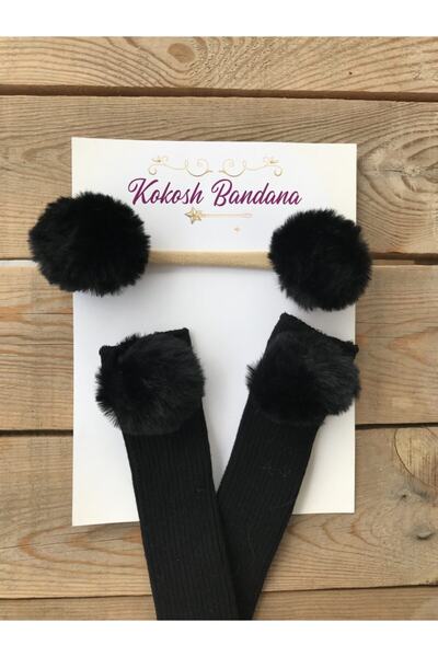 kokosh bandanaa مجموعة باندانا جوارب بوم بوم سوداء للركبة للفتيات