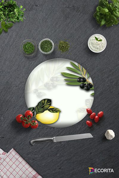 Decorita Olive and Lemon Pattern |   Glass Cutting Board - Glass Cutting Board |   Diameter32 cm