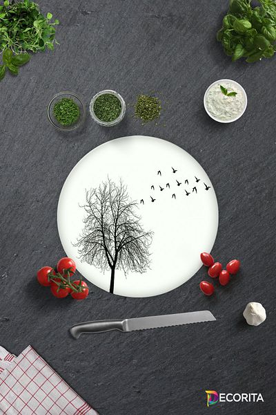Decorita Tree and Bird Patterned |   Glass Cutting Board - Glass Cutting Board |   Diameter 32cm