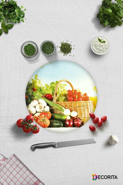 Decorita سلة الخضار |   لوح تقطيع الزجاج - لوح تقطيع الزجاج |   قطر 32 سم
