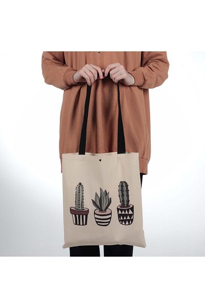 pamukcanta Women's Geometric Cactus Drawing Cloth Bag with Snap Fasteners