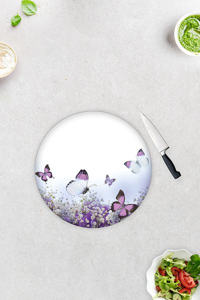 Decorita Purple Flowers and Butterflies |   Glass Cutting Board - Glass Cutting Board |   Diameter 32cm