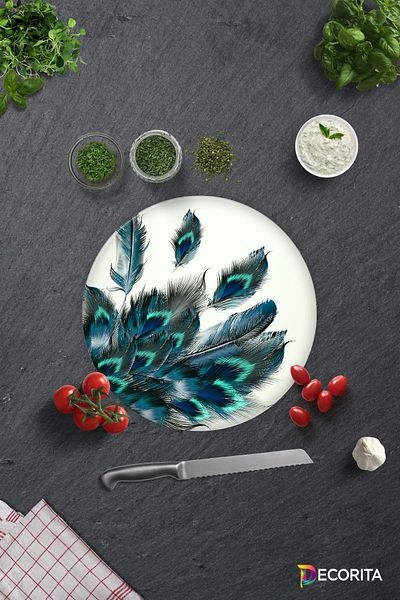 Decorita Plumas Pattern |   Glass Cutting Board-Glass Cutting Board |   Diameter32 cm