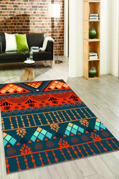 MODANOİVA Turuncu Mavi Tonları Desenli Kaymaz Taban Yıkanabilir Halı