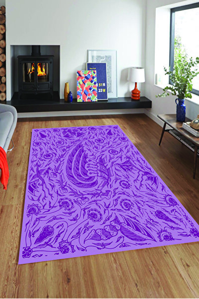 MODANOİVA Lila Zemin Üzerine Sanatsal Motif Desenli Kaymaz Taban Yıkanabilir ...